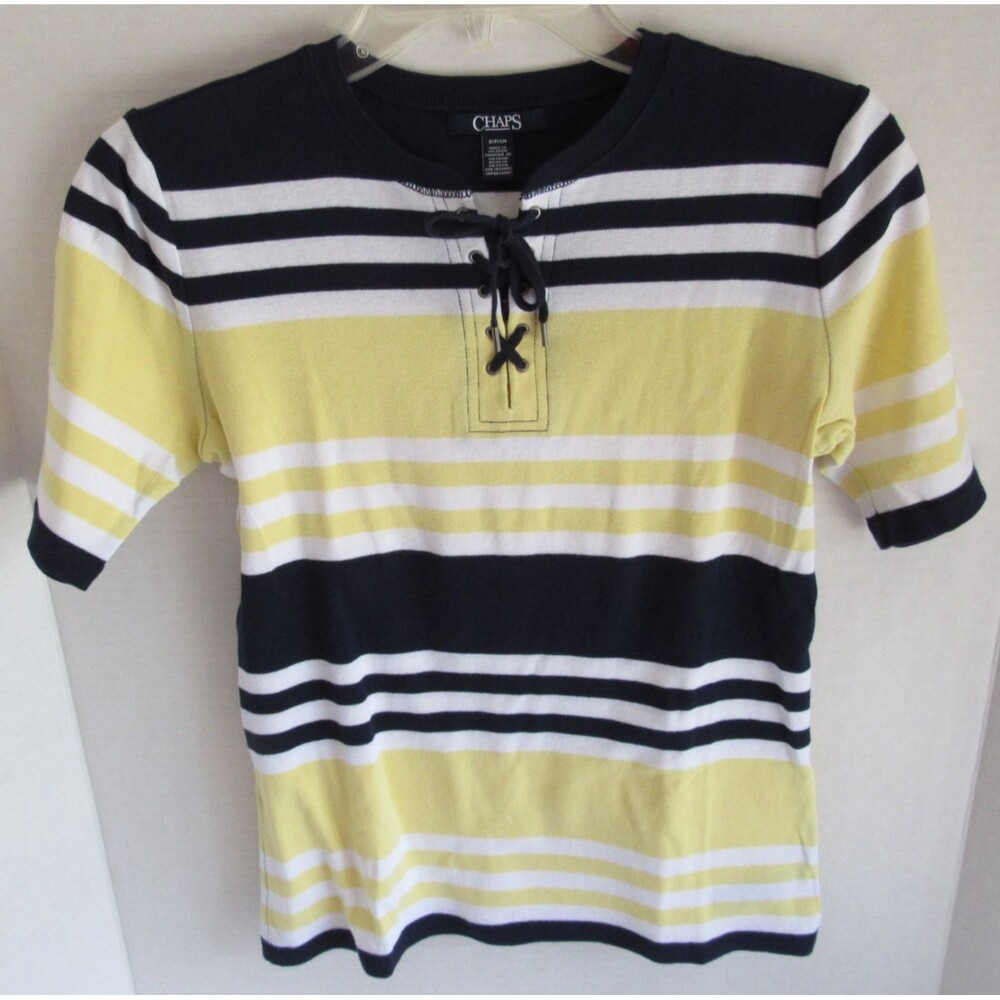 Chaps Yellow White Navy Striped Short Sleeve Tie-Neck Top Size Small Cotton